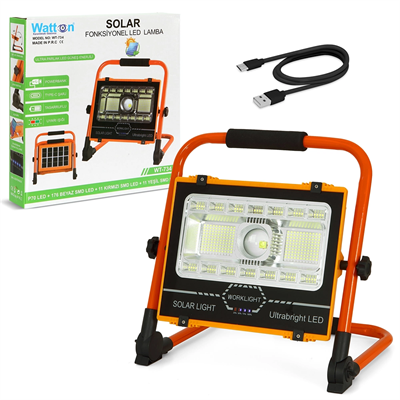 P70 Led Solar Panel Şarjlı Taşınabilir Projektör 176 Smd + Yan Led Wt-734