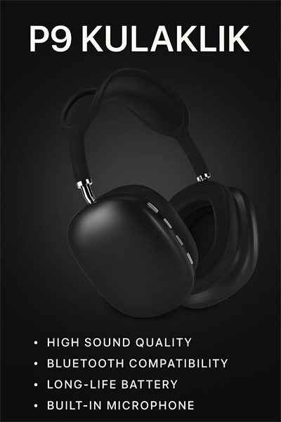 P9 Bluetooth 5.0 Kablosuz Siyah Kulaklık Mikrofonlu Uzun Pil Yüksek Bass ANC