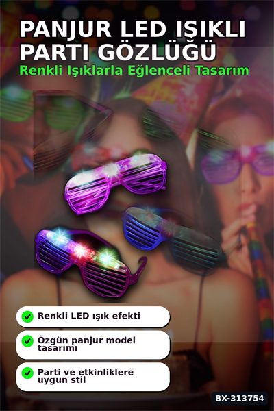 Panjur Led Işıklı Parti Gözlüğü 12li Paket, Yanıp Sönen Renkli Pilli Plastik Aksesuar BX-313754