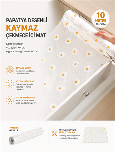 Papatya Desenli Kaymaz Dolap Ve Çekmece İçi Mat 10 Metre