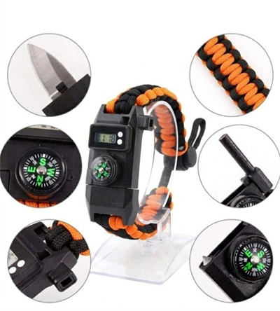 Paracord Dijital Saat Düdük Hayatta Kalma Turuncu Kamp Bilekliği