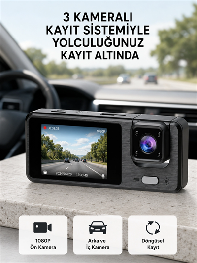 Park Modlu 3 Kameralı Araç Kayıt Cihazı 1080P Ön Kamera 2’’ Ekran
