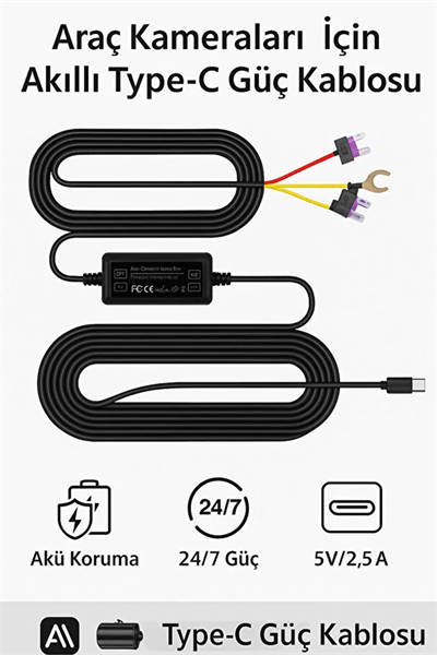 Park Modu Kablosu Type-c Akü Sigorta Bağlantı Kablosu Araç İçi Kamera Tüm Kameralara Uyumlu