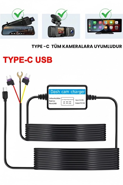 Park Modu Kablosu Type-c Akü Sigorta Bağlantı Kablosu Araç İçi Kamera Tüm Kameralara Uyumlu