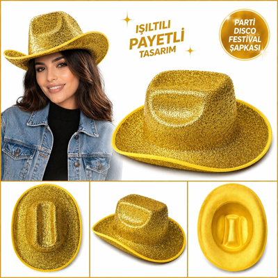 Parlak Altın Gold Kovboy Şapka Kadın Erkek Parti Disco Festival Şapkası