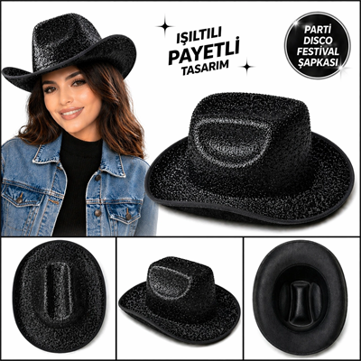 Parlak Siyah Kovboy Şapka Kadın Erkek Parti Disco Festival Şapkası