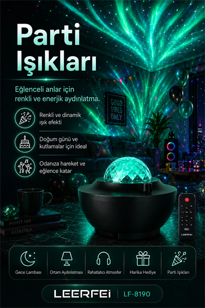 Parti Işığı Özellikli Galaksi Projeksiyon Lambası Kumandalı Gece Aydınlatması