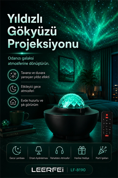 Parti Işığı Özellikli Galaksi Projeksiyon Lambası Kumandalı Gece Aydınlatması
