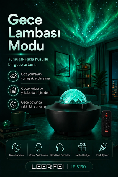 Parti Işığı Özellikli Galaksi Projeksiyon Lambası Kumandalı Gece Aydınlatması