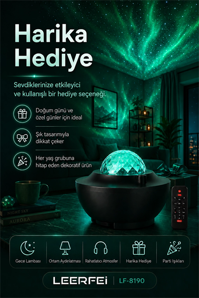 Parti Işığı Özellikli Galaksi Projeksiyon Lambası Kumandalı Gece Aydınlatması