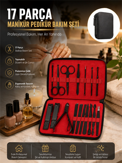 Paslanmaz Çelik 17 Parça Manikür Pedikür Seti ve Taşınabilir Şık Çanta