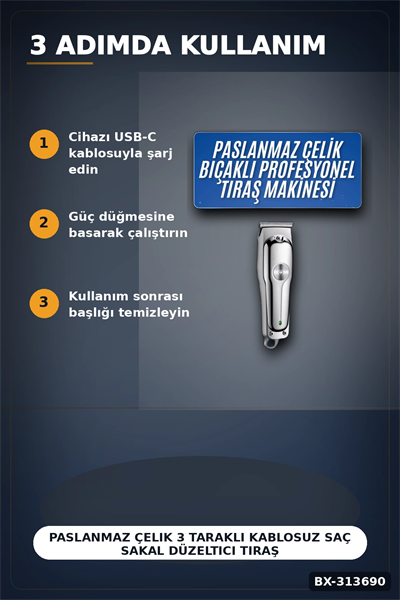 Paslanmaz Çelik 3 Taraklı Kablosuz Saç Sakal Düzeltici Tıraş Makinesi Seti BX-313690