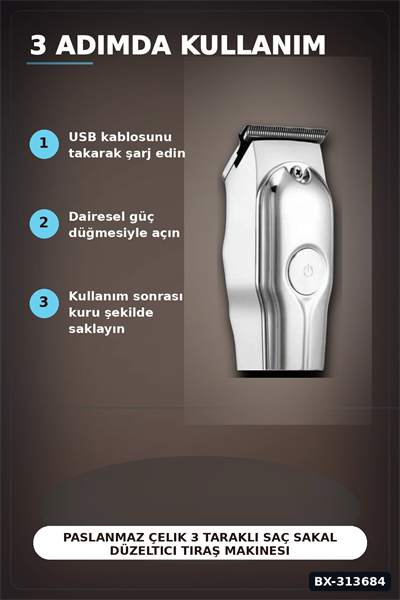 Paslanmaz Çelik 3 Taraklı Saç Sakal Düzeltici Tıraş Makinesi Seti, Şarjlı Taşınabilir BX-313684