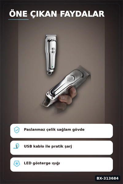 Paslanmaz Çelik 3 Taraklı Saç Sakal Düzeltici Tıraş Makinesi Seti, Şarjlı Taşınabilir BX-313684