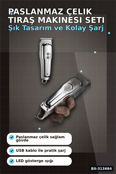 Paslanmaz Çelik 3 Taraklı Saç Sakal Düzeltici Tıraş Makinesi Seti, Şarjlı Taşınabilir BX-313684