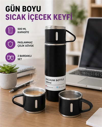 Paslanmaz Çelik 500 ml Termos Seti – 8 Saat Isı Koruma, Vakumlu, Sızdırmaz ve Taşınabilir