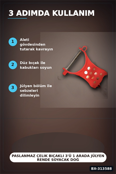 Paslanmaz Çelik Bıçaklı 3ü 1 Arada Jülyen Rende Soyacak Doğrayıcı Mutfak Aleti BX-313588