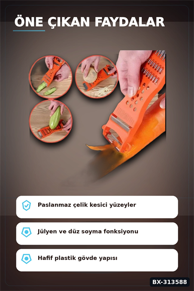 Paslanmaz Çelik Bıçaklı 3ü 1 Arada Jülyen Rende Soyacak Doğrayıcı Mutfak Aleti BX-313588