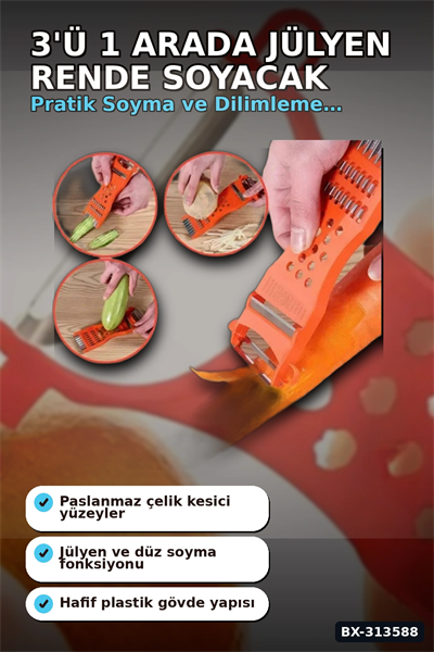 Paslanmaz Çelik Bıçaklı 3ü 1 Arada Jülyen Rende Soyacak Doğrayıcı Mutfak Aleti BX-313588