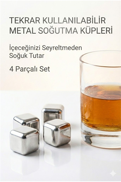 Paslanmaz Çelik Buz Küpü 4’lü Set – İçeceği Sulandırmadan Soğutucu Metal Taş