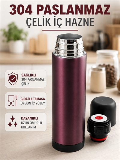 Paslanmaz Çelik Seyahat Termosu Tek Tuşlu Vakumlu Kahve ve Çay Termosu