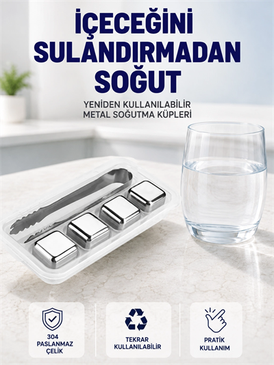Paslanmaz Çelikten Üretilmiş Metal Buz Küpü Seti ve Buz Klipsi