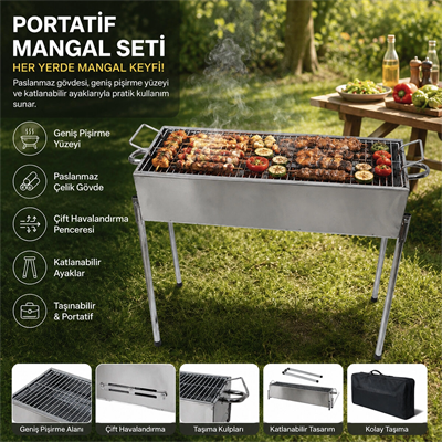 Paslanmaz Mangal Portatif Ayaklı - Standlı 70cm Bx40