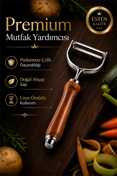 Paslanmaz Metal Başlıklı Ahşap Saplı Sebze Meyve Soyacağı Mutfak Gereci