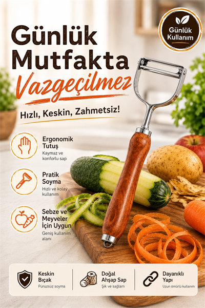 Paslanmaz Metal Başlıklı Ahşap Saplı Sebze Meyve Soyacağı Mutfak Gereci