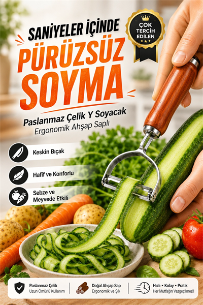 Paslanmaz Metal Başlıklı Ahşap Saplı Sebze Meyve Soyacağı Mutfak Gereci
