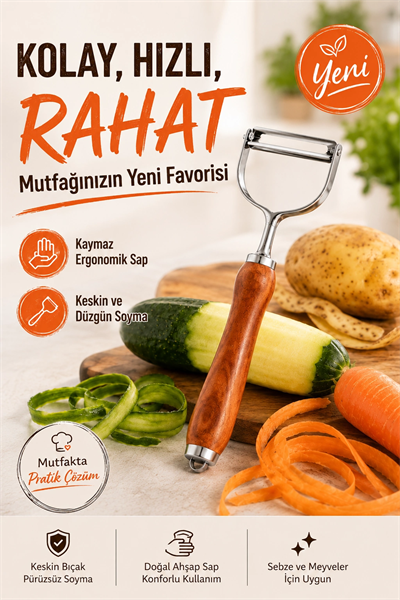 Paslanmaz Metal Başlıklı Ahşap Saplı Sebze Meyve Soyacağı Mutfak Gereci