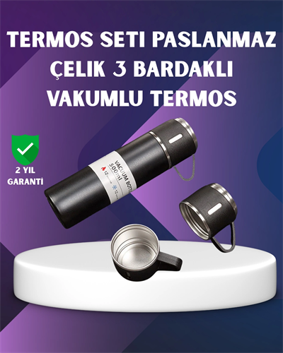 Paslanmaz Termos ve İkili Bardak Seti | 6-12 Saat Sıcak/Soğuk Tutma