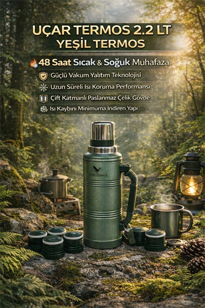 Paslanmaz çelik 2.2 litre 48 saat yalıtımlı yeşil çay termosu kutusuz - Spor & Outdoor