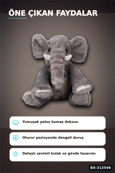 Peluş Fil Oyuncak 30 cm Yumuşak Dolgulu - Tekli Paket, Bebek ve Çocuk İçin Renk Seçenekli BX-313546