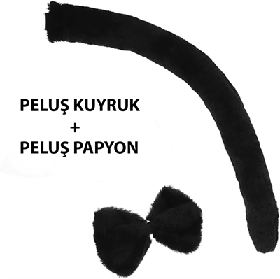 Peluş Siyah Renk Kuyruk Ve Papyon Yetişkin Çocuk Uyumlu Bx40