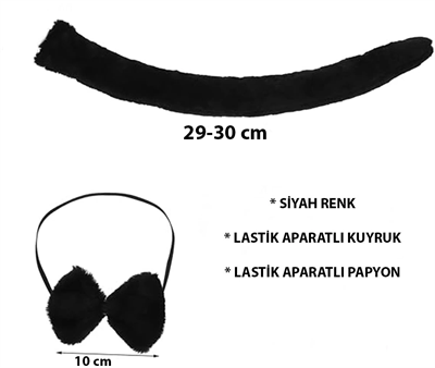Peluş Siyah Renk Kuyruk ve Papyon Yetişkin Çocuk Uyumlu