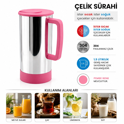 Pembe - Paslanmaz Çelik Sıcak - Soğuk Çelik Sürahi Bx40