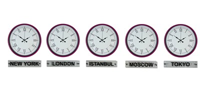 Pembe 36 Cm 5 li Tabelalı Dünya Saatleri