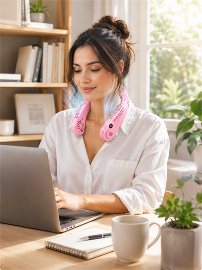 Pembe Boyun Tipi Fan USB Şarjlı Hafif Tasarım Güçlü Hava Üflemeli Serinletici