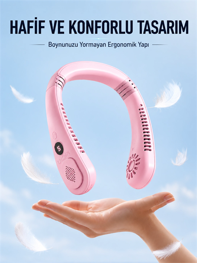 Pembe Boyun Tipi Fan USB Şarjlı Hafif Tasarım Güçlü Hava Üflemeli Serinletici