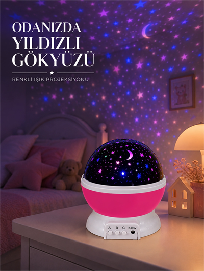 Pembe Döner Yıldız Projektörü USB ve Pilli Kullanımlı Gece Lambası