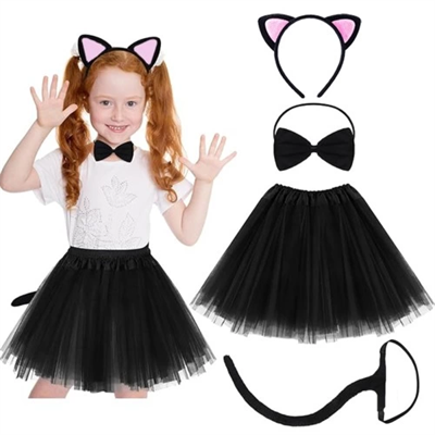 Etekli Pembe Kedi Seti -Taç, Kuyruk, Etek, Papyon Çocuk Boy