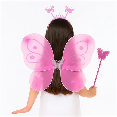 Pembe Kelebek Kız Seti – 50 cm Kelebek Kanadı, Taç ve Asa
