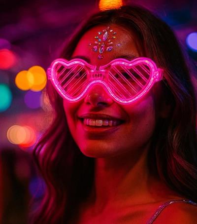 Pembe LED Işıklı Kalp Gözlük – 3 Modlu Parti - Glow Gözlüğü (3936)