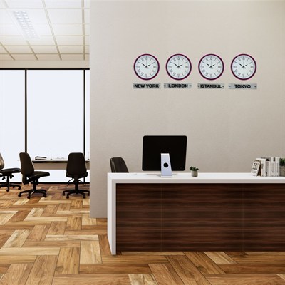 Pembe Modern 36 Cm 4 lü Tabelalı Dünya Saatleri