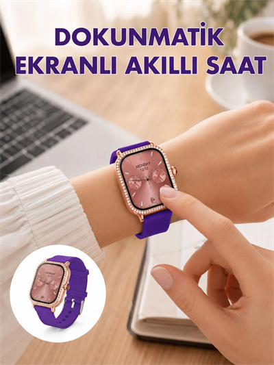 Pembe Mor ve Metal Kordonlu Akıllı Saat Hediye Seti