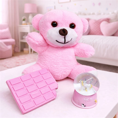 Pembe Peluş Ayıcık, Kar Küresi Ve Pembe Çikolata Not Defteri Hediye Seti