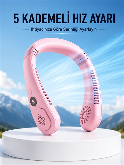 Pembe Taşınabilir Boyun Fanı Ergonomik Tasarım Çok Kademeli Hava Akışı