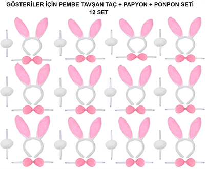 Pembe Tavşan Kostüm Seti – Taç, Papyon, Ponpon (12’li Paket) Bx40
