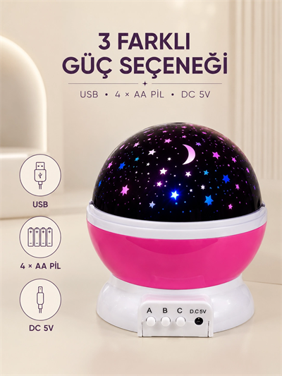 Pembe Yıldızlı Gece Lambası Döner Gökyüzü Projeksiyon Işığı